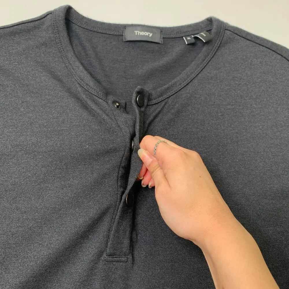 Theory Shirt Men XL Slim Fit Charcoal Long Sleeve Snap Button Henley Lightweight